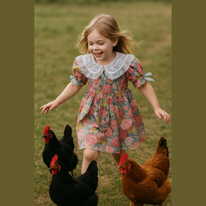 Vintage 90s Floral Kids Dress Lace Peter Pan Collar lace bows on fluffy sleeves